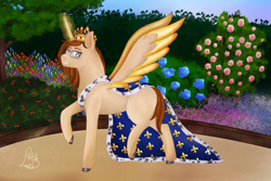 Size: 6000x4000 | Tagged: safe, artist:loopina, oc, oc only, alicorn, pony, commission, concave belly, crown, fleur-de-lis (symbol), flower, france, garden, glasses, golden, hortensia, jewelry, king, magic, male, ponysona, pose, regalia, rose, rose bush, solo, stallion