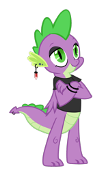 Size: 864x1398 | Tagged: safe, artist:messy sketch, spike, dragon, g4, black shirt, ear piercing, earring, emo, eye liner, eyeshadow, it's a phase, jewelry, makeup, male, older, older spike, piercing, ring, simple background, solo, tail, tail ring, teenage spike, teenaged dragon, teenager, transparent background, winged spike, wings