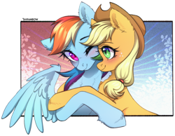 Size: 2128x1655 | Tagged: safe, artist:avrameow, applejack, rainbow dash, earth pony, pegasus, pony, g4, applejack's hat, blushing, chest fluff, cowboy hat, duo, duo female, ear fluff, female, hairband, hat, hoof around neck, hoof fluff, hug, lesbian, looking at each other, looking at someone, neck fluff, one eye closed, one eye open, ship:appledash, shipping, smiling, smiling at each other, smiling at someone, spread wings, wings