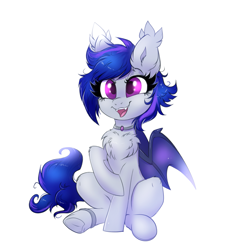 Size: 2169x2400 | Tagged: safe, artist:confetticakez, oc, oc only, oc:midnight melody, bat pony, pony, bat pony oc, bat wings, big ears, blue coat, blue mane, blue tail, bracelet, chest fluff, collar, colored pinnae, colored pupils, colored wings, ear fluff, ear tufts, eyelashes, fangs, female, gift art, gradient wings, high res, jewelry, leg fluff, mare, open mouth, open smile, partially open wings, purple eyes, purple pupils, raised hoof, short mane, simple background, sitting, smiling, solo, tail, thick eyelashes, two toned mane, two toned tail, underhoof, wavy tail, white background, wings