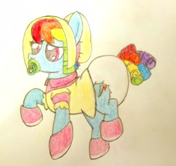 Size: 3270x3072 | Tagged: safe, artist:snowflakepone, rainbow dash, pegasus, pony, g4, abdl, adult foal, bonnet, booties, colored, diaper, diaper fetish, doll, fetish, multicolored hair, non-baby in diaper, pacifier, puffy sleeves, purple eyes, rainbow dash always dresses in style, rainbow hair, redesign, simple background, solo, toy, traditional art, unhappy