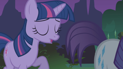 Size: 1920x1080 | Tagged: safe, screencap, rarity, twilight sparkle, pony, unicorn, friendship is magic, g4, my little pony: friendship is magic, official, season 1, animation error, everfree forest, eyes closed, female, horn, short tail, tail, unicorn twilight