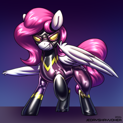 Size: 2835x2835 | Tagged: safe, artist:jedayskayvoker, oc, oc only, oc:storm cloud, pegasus, pony, clothes, colored sketch, costume, evil smile, folded wings, goggles, gradient background, latex, latex suit, looking at you, pegasus oc, shadowbolts, shadowbolts costume, sketch, smiling, solo, wings