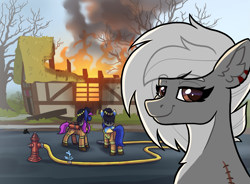 Size: 1911x1410 | Tagged: safe, artist:helmie-art, oc, oc:mercury heart, pegasus, amputee, commission, countershading, disaster girl, fire, fire hose, fire hydrant, firefighter, house, meme, scar, smug, solo focus, ych result