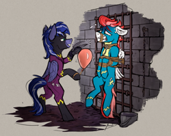 Size: 1302x1037 | Tagged: safe, artist:helmie-art, oc, oc only, oc:lightning flare, oc:swift apex, pegasus, balloon, balloon popping, bondage, bully, bullying, clothes, duo, evil, gag, hoof blades, popping, rope, rope gag, scared, shadowbolts, shadowbolts uniform, teasing, torture, uniform, wonderbolts uniform