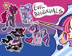 Size: 1287x1000 | Tagged: safe, artist:h0oty, king sombra, starlight glimmer, tempest shadow, trixie, twilight sparkle, classical unicorn, pony, unicorn, fanfic:twilight sparkle has a type, g4, alternate accessories, alternate design, alternate eye color, alternate mane color, alternate tailstyle, bangs, bilight sparkle, bisexual, bisexual female, bisexual pride flag, bisexuality, black mane, black tail, blue sclera, body scar, broken horn, cape, chest fluff, clothes, cloven hooves, coat markings, colored belly, colored ears, colored hooves, colored horn, colored muzzle, colored pinnae, colored sclera, colored tail, curly mane, ethereal mane, ethereal tail, evil bisexuals, evil starlight, evil unicorn, evil unicorns, eye markings, eye scar, facial markings, facial scar, fangs, female, fetlock tuft, glasses, glowing, glowing eyes, harem, hat, headpiece, hooves, horn, leg armor, leg scar, leg stripes, leonine tail, lesbian, lesbian harem, lidded eyes, long horn, long mane, long tail, male, mare, mealy mouth (coat marking), multicolored mane, multicolored tail, outline, pale belly, peytral, physique difference, pink eyes, polyamory, pride, pride flag, profile, purple belly, queen umbra, raised hoof, reformed evil unicorn, reformed unicorn meeting, reformed villain, round glasses, rule 63, s5 starlight, scar, ship:tempestlight, ship:twibra, ship:twistarlight, ship:twixie, shipping, smiling, snip (coat marking), sombra eyes, sombra's cape, spiky mane, stars, straight, stripes, tail, teal hooves, text, thinking, thought bubble, trixie's cape, trixie's hat, two toned horn, two toned mane, two toned tail, unshorn fetlocks, wall of tags, wavy mane, wavy tail, white hooves