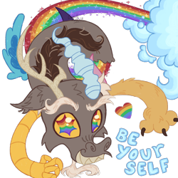 Size: 2048x2048 | Tagged: safe, artist:cingulomana, discord, draconequus, g4, alternate design, beard, brown fur, brown hair, cheek fluff, cloud, colored claws, colored eyebrows, colored sclera, colored teeth, colored wings, ear fluff, facial hair, gay pride flag, head fluff, leg fluff, looking at you, mismatched horns, mismatched legs, mismatched wings, multicolored eyes, positive message, pride, pride flag, pride month, rainbow, rainbow body, rainbow eyes, sharp teeth, simple background, smiling, smiling at you, solo, sparkly body, spread wings, teeth, transparent background, two toned wings, watermark, wingding eyes, wings, yellow sclera