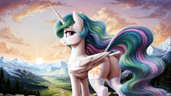 Size: 2560x1440 | Tagged: safe, ai assisted, ai content, artist:dovakkins, princess celestia, alicorn, pony, g4, bedroom eyes, butt, clothes, cute, ear fluff, featureless crotch, female, folded wings, looking at you, looking back, looking back at you, mare, plot, praise the sun, scenery, scenery porn, seductive look, smiling, smiling at you, solo, stockings, stupid sexy celestia, sunbutt, sunset, tail, thigh highs, wallpaper, watermark, wavy mane, wavy tail, wings