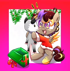 Size: 2026x2048 | Tagged: artist needed, safe, oc, oc only, oc:hors, opossum, christmas, christmas presents, clothes, commission, costume, gradient background, holiday, present, santa costume, solo, surprised, ych result, your character here