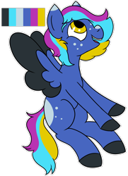 Size: 1300x1800 | Tagged: safe, oc, oc only, pegasus, pony, adoptable, black hooves, black wingtips, blank flank, blue coat, coat markings, color palette, colored, colored eartips, colored hooves, colored wings, colored wingtips, facial markings, flat colors, flying, freckles, hooves, looking up, multicolored mane, multicolored tail, open mouth, open smile, pegasus oc, smiling, snip (coat marking), solo, spread wings, tail, three toned mane, three toned tail, two toned wings, wings, yellow eyes