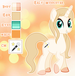 Size: 2489x2525 | Tagged: safe, artist:cindystarlight, oc, oc only, oc:haly musicstar, pony, unicorn, abstract background, base used, blonde mane, blonde tail, color palette, colored hooves, cream coat, eyelashes, eyeshadow, female, hooves, horn, long mane, long tail, looking at you, makeup, mare, outline, pink eyeshadow, pink hooves, raised hoof, reference sheet, show accurate, smiling, smiling at you, solo, standing, standing on three hooves, tail, teal eyes, unicorn horn, unicorn oc, wavy mane, wavy tail