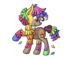 Size: 1309x1033 | Tagged: safe, artist:transformartive, oc, oc only, oc:fiesta, oc:hors, piñata pony, pony, paper mache, piñata, simple background, smiling, solo, transformation, white background