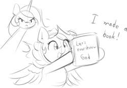 Size: 1165x813 | Tagged: safe, artist:taurson, princess celestia, oc, oc:hors, pegasus, g4, angry, book, duo, simple background, sketch, speech, talking, text, white background