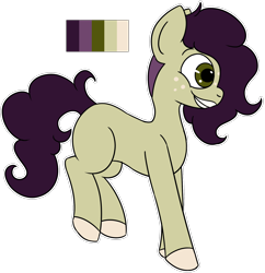 Size: 1600x1650 | Tagged: safe, artist:whimsicalseraph, oc, oc only, earth pony, pony, adoptable, blank flank, colored, colored hooves, cream hooves, curly mane, curly tail, earth pony oc, flat colors, freckles, green coat, green eyes, hooves, long mane, long tail, profile, purple mane, purple tail, raised leg, simple background, smiling, solo, standing on two hooves, tail, transparent background