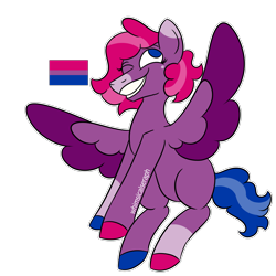 Size: 2000x2000 | Tagged: safe, artist:whimsicalseraph, oc, oc only, pegasus, pony, adoptable, beauty mark, big grin, bisexual pride flag, blank flank, blue eyes, blue mane, blue tail, coat markings, colored, colored eartips, colored hooves, colored wings, colored wingtips, curly mane, curly tail, facial markings, female, flat colors, grin, hooves, leg markings, long mane, looking up, mare, mismatched hooves, multicolored hooves, no catchlights, no pupils, not starsong, one eye closed, pegasus oc, pride, pride flag, purple coat, purple wingtips, signature, simple background, sitting, smiling, snip (coat marking), socks (coat markings), solo, spread wings, tail, transparent background, two toned mane, two toned tail, two toned wings, wings, wink