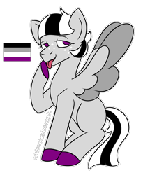 Size: 1550x1800 | Tagged: safe, artist:whimsicalseraph, oc, oc only, pegasus, pony, adoptable, asexual pride flag, bangs, black and white mane, black and white tail, blank flank, colored, colored hooves, colored wings, colored wingtips, flat colors, freckles, gray coat, gray wingtips, hooves, lidded eyes, no catchlights, no pupils, pegasus oc, pride, pride flag, purple eyes, purple hooves, raised hoof, simple background, sitting, solo, spread wings, tail, tongue out, transparent background, two toned mane, two toned tail, two toned wings, wings
