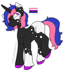 Size: 1800x2000 | Tagged: safe, artist:whimsicalseraph, oc, oc only, pony, unicorn, adoptable, black coat, blank flank, coat markings, colored, colored eartips, colored hooves, concave belly, ear markings, eye markings, facial markings, female, flat colors, genderfluid pride flag, hooves, horn, leg markings, looking up, mare, no catchlights, no pupils, one eye closed, pride, pride flag, purple eyes, purple hooves, raised leg, simple background, smiling, socks (coat markings), solo, tail, transparent background, two toned mane, two toned tail, unshorn fetlocks