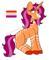 Size: 1650x2000 | Tagged: safe, artist:whimsicalseraph, oc, oc only, hybrid, unicorn, zony, adoptable, blank flank, blaze (coat marking), coat markings, colored, colored hooves, eyebrows, eyebrows visible through hair, eyelashes, eyeshadow, facial markings, female, flat colors, hooves, horn, lesbian, lesbian pride flag, lidded eyes, lipstick, looking up, makeup, orange coat, pink eyes, pink lipstick, pride, pride flag, purple mane, purple tail, red eyes, red hooves, simple background, sitting, solo, striped, stripes, tail, transparent background, two toned mane, two toned tail, unicorn horn, unicorn oc, white stripes, zony oc