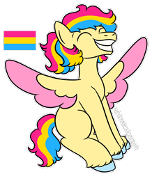 Size: 1550x1700 | Tagged: safe, artist:whimsicalseraph, oc, oc only, pegasus, pony, adoptable, blank flank, blue hooves, colored, colored hooves, colored wings, colored wingtips, curly mane, curly tail, eyes closed, flat colors, hooves, pansexual, pansexual pride flag, pegasus oc, pink wingtips, ponytail, pride, pride flag, simple background, sitting, smiling, solo, spread wings, tail, three toned mane, three toned tail, tied mane, transparent background, two toned wings, unshorn fetlocks, wings, yellow coat