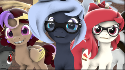 Size: 906x508 | Tagged: safe, artist:yaasho, oc, oc only, oc:hors, oc:redace, oc:yaasho, pegasus, unicorn, 3d, bow, folded wings, glasses, group, horn, ocs everywhere, peeking, smiling, source filmmaker, wings