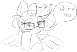 Size: 874x590 | Tagged: safe, artist:taurson, oc, oc only, oc:hors, pegasus, delet this, glasses, pegasus oc, simple background, sketch, solo, speech bubble, white background, wings