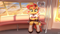 Size: 4000x2250 | Tagged: safe, artist:phoenixrk49, sunset shimmer, unicorn, semi-anthro, g4, :3, cellphone, clothes, earbuds, female, high res, hoof hold, horn, looking at something, looking down, mare, phone, school uniform, sitting, skirt, smartphone, smiling, solo, stockings, thigh highs, train