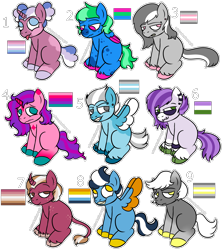 Size: 2000x2250 | Tagged: safe, artist:whimsicalseraph, oc, oc only, earth pony, pegasus, pony, unicorn, adoptable, aroace pride flag, bambi lesbian pride flag, bi-lesbian pride flag, bigender pride flag, blank flank, colored, demiboy pride flag, demigender pride flag, demigirl pride flag, earth pony oc, eyelashes, flat colors, genderqueer pride flag, group, horn, no catchlights, no pupils, pegasus oc, polysexual pride flag, pride, pride flag, simple background, solo, transparent background, unicorn oc