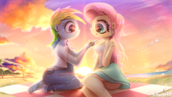 Size: 4000x2250 | Tagged: safe, artist:phoenixrk49, fluttershy, rainbow dash, human, equestria girls, g4, ass, beach, big eyes, breasts, busty fluttershy, butt, clothes, denim, duo, duo female, eyebrows, eyebrows visible through hair, female, flutterbutt, heart, high res, jeans, jewelry, kneeling, lens flare, lesbian, locket, necklace, ocean, palm tree, pants, picnic blanket, ship:flutterdash, shipping, sitting, skit, smiling, sunset, tree, water