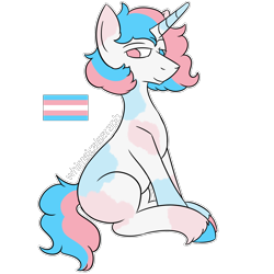 Size: 2000x2000 | Tagged: safe, artist:whimsicalseraph, oc, oc only, pony, unicorn, adoptable, blank flank, coat markings, colored, colored eartips, colored hooves, colored horn, curly mane, curly tail, flat colors, heterochromia, hooves, horn, lidded eyes, mismatched hooves, multicolored hooves, no catchlights, no pupils, pride, pride flag, short mane, simple background, sitting, smiling, socks (coat markings), solo, splotches, tail, transgender, transgender oc, transgender pride flag, transparent background, two toned horn, two toned mane, two toned tail, unicorn oc, unshorn fetlocks, white coat