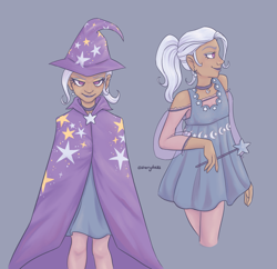 Size: 1883x1819 | Tagged: safe, artist:starryducks, trixie, human, g4, alternate hairstyle, blue background, cape, choker, clothes, dress, ear piercing, earring, eyeshadow, female, grin, hat, humanized, jewelry, lipstick, magic wand, makeup, piercing, ponytail, simple background, smiling, solo, trixie's cape, trixie's hat, wand