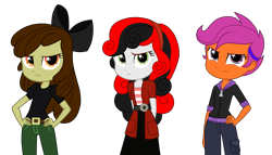 Size: 5233x3000 | Tagged: safe, artist:machakar52, apple bloom, scootaloo, sweetie belle, human, elements of insanity, equestria girls, g4, alternate universe, belt, belt buckle, bow, clothes, creepy belle, cutie mark crusaders, cutie mark monsters, female, francie bloom, frown, hair bow, hand on hip, hands behind back, headband, karateloo, looking at you, simple background, transparent background, trio, trio female