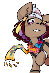 Size: 2102x3153 | Tagged: safe, artist:midnightpremiere, oc, oc only, oc:hors, 2023, babscon, bracelet, clothes, costume, grin, jewelry, looking at you, one eye closed, pokémon, pokémon diamond and pearl, raised hoof, scarf, simple background, smiling, solo, teeth, transparent background, wink, winking at you