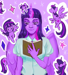 Size: 900x1000 | Tagged: safe, artist:qwnplly, twilight sparkle, alicorn, human, pony, anthro, equestria girls, g4, book, bust, character, digital art, female, horn, humanized, portrait, purple, reading, solo, twilight sparkle (alicorn), wings