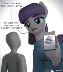 Size: 1792x2048 | Tagged: safe, ai assisted, ai content, artist:ponnov, maud pie, oc, oc:anon, earth pony, human, pony, g4, ..., big pony, cellphone, clothes, dialogue, dress, duo, duo male and female, eyeshadow, female, hoof hold, macro, magnetic hooves, makeup, male, mare, meme, open mouth, phone, raised hoof, size difference, smartphone, talking, teeth