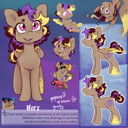 Size: 4000x4000 | Tagged: safe, artist:midnightpremiere, oc, oc only, oc:hors, chibi, flying, folded wings, handwriting, looking at you, meme, reference, reference sheet, silly face, smiling, solo, stool, sunglasses, text, trombone, wings