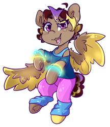 Size: 1944x2251 | Tagged: safe, artist:midnightpremiere, oc, oc only, oc:hors, 80s, aerobics, brown hair, clothes, dancing, flying, glow bracelets, glowstick, leg warmers, leggings, looking at you, loose shirt, purple hair, simple background, smiling, smiling at you, solo, spread wings, tank top, transparent background, wings