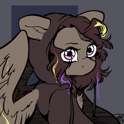 Size: 5000x5000 | Tagged: safe, artist:midnightpremiere, oc, oc only, oc:hors, brown hair, chest fluff, clothes, ears back, egg, hatching, hood, hooded jacket, hoodie, jacket, looking at you, paint, paint drip, pink eyes, raised hood, solo, spread wings, wings