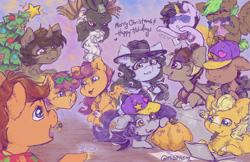 Size: 1024x663 | Tagged: safe, artist:midnightpremiere, scootaloo, oc, oc:blazing beams, oc:coffee, oc:hors, oc:justinaloo, oc:midnight premier, oc:mona pia, oc:paul the snail, oc:prairie heart, oc:sleepy sketch, oc:tail, bat pony, earth pony, pegasus, pony, unicorn, g4, :3, artificial horn, artificial wings, augmented, back of head, baseball cap, cap, chest fluff, christmas, christmas tree, clothes, colored sketch, computer, curly hair, eyes closed, flying, folded wings, hair bun, happy holidays, hashtag, hat, heart, holding, holiday, horn, hug, izzy's hat, jewelry, juice, juice box, ladder shades, lanyard, laptop computer, lying down, magic, magic horn, magic wings, mouth hold, necklace, necktie, ocs everywhere, pillow, pillow hug, ponyville ciderfest, pumpkin, pvcf 2021, raised hoof, scarf, scs, sitting, sketch, smiling, spread wings, stars, text, tree, wings