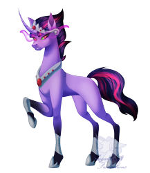 Size: 917x1056 | Tagged: safe, artist:sugardust-charm, oc, oc only, oc:queen eclipse, unicorn, g4, alternate hairstyle, coat markings, crown, curved horn, eye mist, eyelashes, eyeliner, fusion, fusion:king sombra, fusion:twilight sparkle, green sclera, horn, jewelry, long horn, looking at you, makeup, multicolored hair, multicolored tail, one leg raised, peytral, purple coat, red eyes, regalia, simple background, slit pupils, socks (coat markings), solo, tail, transparent background, unicorn horn