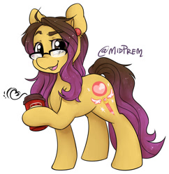 Size: 879x909 | Tagged: safe, artist:midnightpremiere, oc, oc only, oc:brenda hickey, earth pony, 2019, announcement, brenda hickey, coffee, coffee cup, convention, cup, dyed mane, dyed tail, ear piercing, earring, glasses, guest, jewelry, mlpmsp, mlpmsp2019, mlpmspf, mlpmspf2019, piercing, raised hoof, simple background, smiling, solo, steam, tail, white background