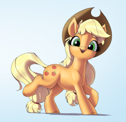 Size: 3245x3145 | Tagged: safe, artist:aquaticvibes, applejack, earth pony, pony, g4, applejack's hat, blue background, colored eyebrows, colored hooves, colored pinnae, cowboy hat, cute, eyebrows, eyelashes, female, freckles, gradient background, hair tie, hat, high res, hooves, jackabetes, looking at you, mare, open mouth, open smile, ponytail, raised hoof, raised leg, shadow, shiny hooves, smiling, smiling at you, solo, standing, tied hair