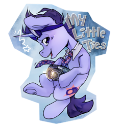 Size: 870x918 | Tagged: safe, artist:midnightpremiere, oc, oc only, oc:my little ties, badge, blue background, camera, clothes, collar, holding, looking at you, necktie, simple background, smiling, solo, stars, text, transparent background