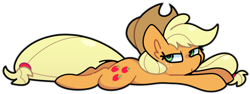 Size: 900x339 | Tagged: safe, artist:kindakismet, applejack, earth pony, pony, g4, applejack's hat, cowboy hat, ear fluff, freckles, hairband, hat, lidded eyes, lying down, prone, relaxing, simple background, smiling, solo, sploot, tail, tail band, transparent background