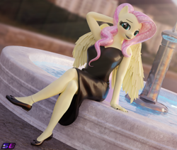 Size: 2560x2160 | Tagged: safe, artist:shadowboltsfm, fluttershy, pegasus, anthro, plantigrade anthro, g4, 3d, anklet, arm behind head, blender, blushing, breasts, busty fluttershy, clothes, crossed legs, dress, eyeshadow, female, flats, fountain, high res, jewelry, legs, lipstick, looking at you, makeup, nail polish, not sfm, sexy, shoes, smiling, solo, wings