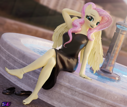 Size: 2560x2160 | Tagged: safe, alternate version, artist:shadowboltsfm, fluttershy, pegasus, anthro, plantigrade anthro, g4, 3d, anklet, arm behind head, barefoot, beautisexy, black nail polish, blender, blushing, breasts, busty fluttershy, clothes, crossed legs, dress, eyeshadow, feet, female, flats, fountain, high res, jewelry, legs, lipstick, looking at you, makeup, nail polish, not sfm, sexy, shoes, shoes removed, smiling, solo, stupid sexy fluttershy, toenail polish, toenails, toes, wings