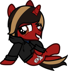 Size: 710x745 | Tagged: safe, artist:lightningbolt, derpibooru exclusive, pony, unicorn, g4, .svg available, all time low, clothes, colt, dyed mane, dyed tail, foal, grin, hood, hoodie, horn, jack barakat, lidded eyes, looking at you, lounging, male, ponified, shirt, show accurate, simple background, smiling, solo, svg, tail, transparent background, undershirt, vector