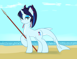 Size: 3250x2500 | Tagged: safe, artist:lemon, oc, oc only, original species, shark, shark pony, bangs, beach, blue body, blue eyes, blue eyeshadow, blue mane, cloud, colored belly, cute, day, eyeshadow, female, fins, fish tail, frown, frowning at you, horn, lidded eyes, looking at you, makeup, ocean, outdoors, pale belly, ponytail, raised hoof, shark tail, solo, spear, standing, tail, tail fin, tied mane, water, weapon, white belly