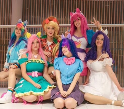 Size: 1080x948 | Tagged: safe, artist:alicenyannya, artist:gianaxrose, kotobukiya, applejack, fluttershy, pinkie pie, rainbow dash, rarity, twilight sparkle, human, g4, clothes, cosplay, costume, irl, irl human, kotobukiya pinkie pie, mane six, multicolored hair, peace sign, photo, rainbow hair