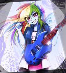 Size: 1828x2011 | Tagged: safe, artist:pulse, rainbow dash, human, equestria girls, g4, abstract background, clothes, compression shorts, eye clipping through hair, female, grin, guitar, guitar pick, jacket, looking at you, musical instrument, ponied up, pony ears, skirt, smiling, solo, wings