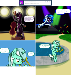 Size: 2562x2698 | Tagged: safe, artist:esuka, dj pon-3, lyra heartstrings, octavia melody, vinyl scratch, pony, ask-canterlot-musicians, g4, cello, female, fountain, glowstick, lyre, musical instrument, trio, trio female